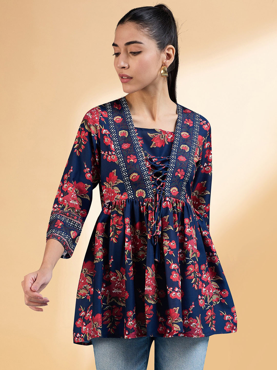 all about you Navy Blue Floral Printed Square Neck Pleated A-Line Short Kurti
