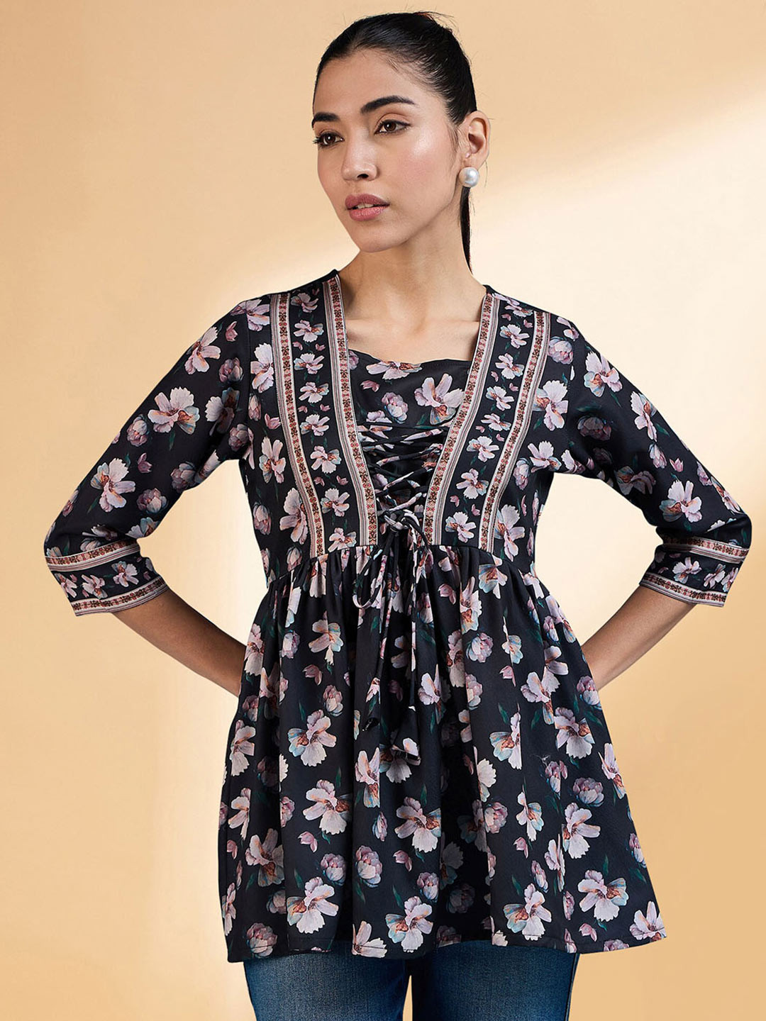 all about you Black Floral Printed Square Neck Pleated A-Line Short Kurti