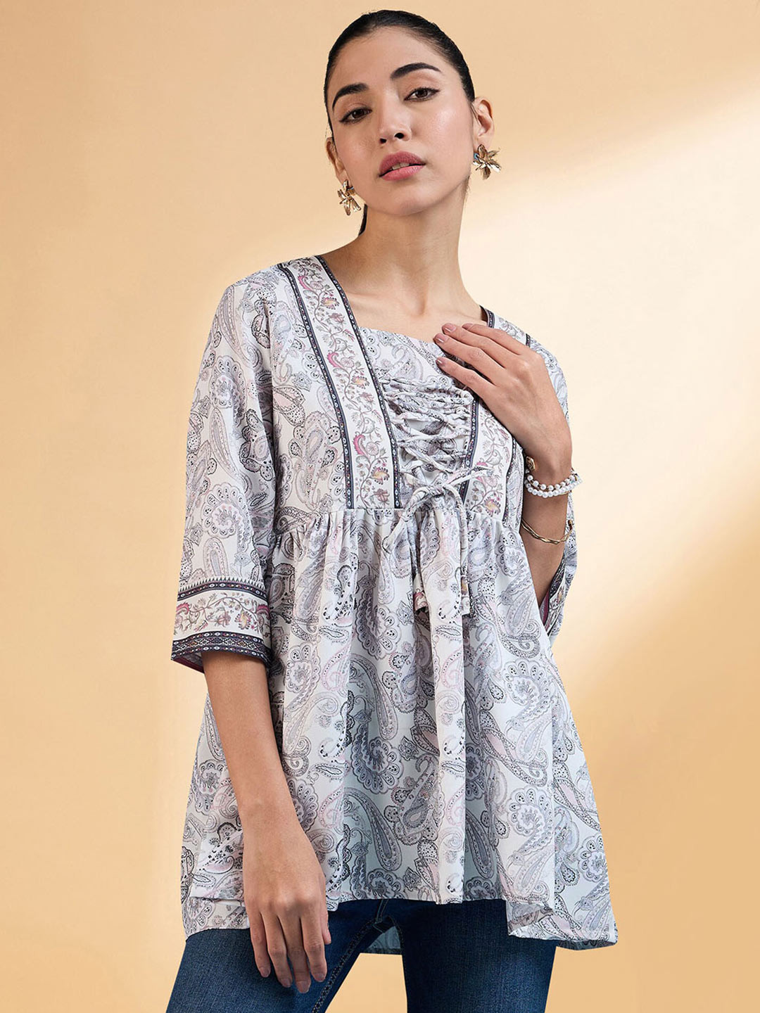 all about you Off White Floral Printed Square Neck Pleated A-Line Short Kurti