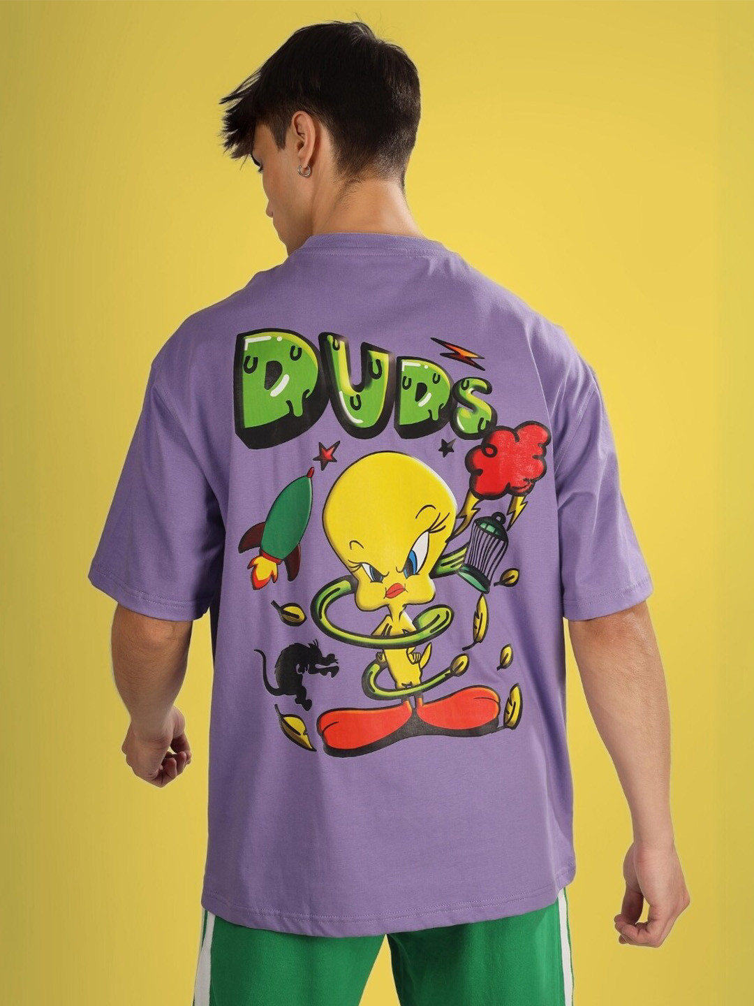 WEARDUDS Escaped Tweety Printed Drop Shoulder Sleeves Pure Cotton Oversized T-shirt