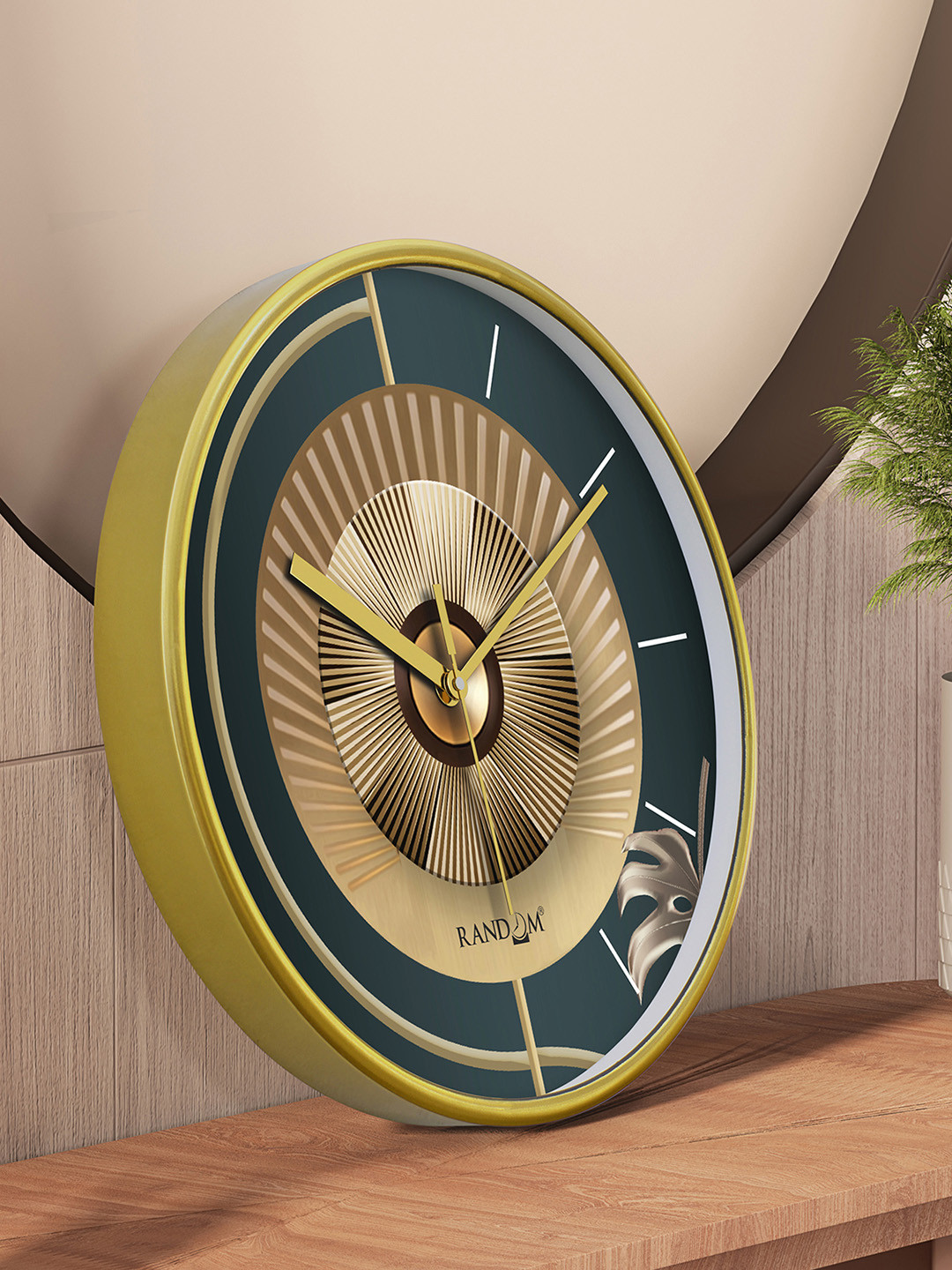 RANDOM Gold Toned & Blue Printed Contemporary Round Wall Clock
