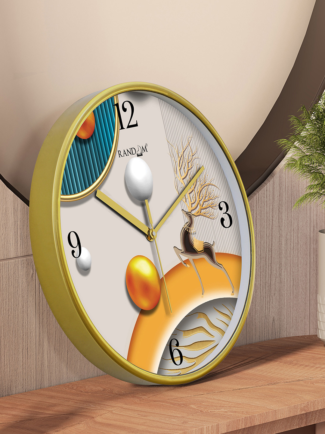 RANDOM Gold Plastic Silent Clock Round Battery Analogue Deer Wall Clock-25cm