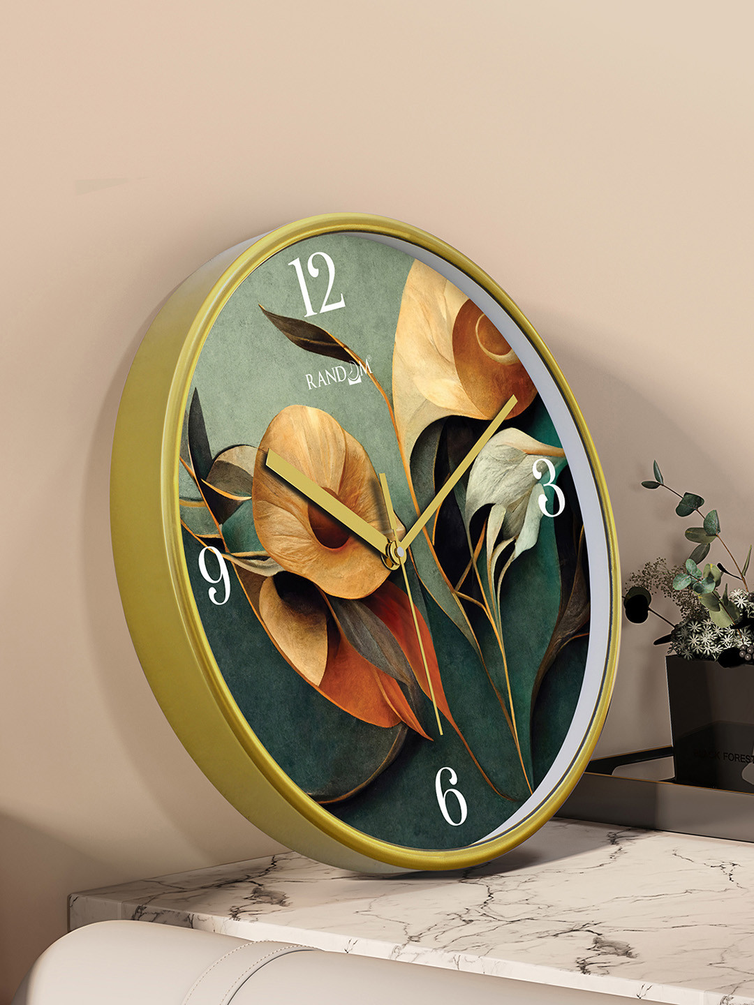 RANDOM Gold Toned & Green Printed Contemporary Round Wall Clock