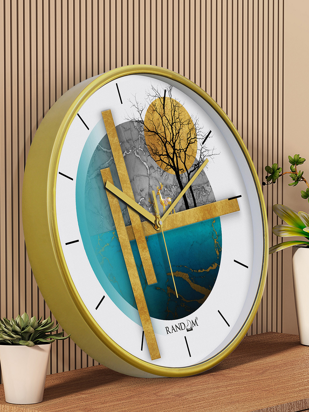 RANDOM Gold Toned & Blue Printed Contemporary Round Wall Clock