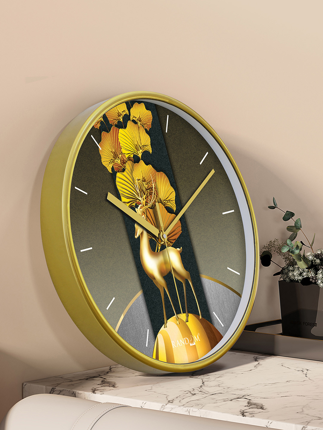 RANDOM Gold Toned & Grey Printed Contemporary Round Wall Clock