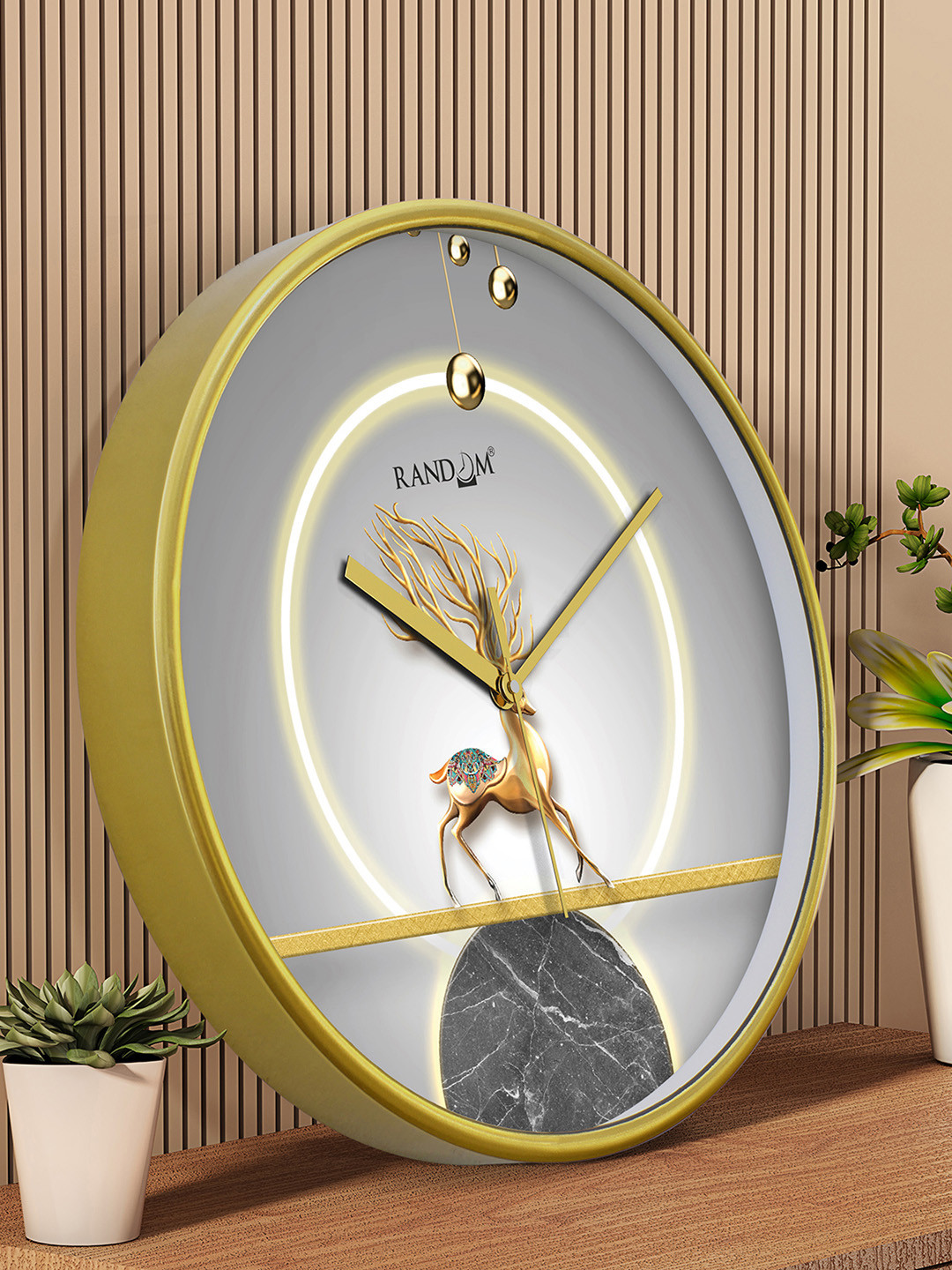 RANDOM Gold Toned & Grey Printed Contemporary Round Wall Clock