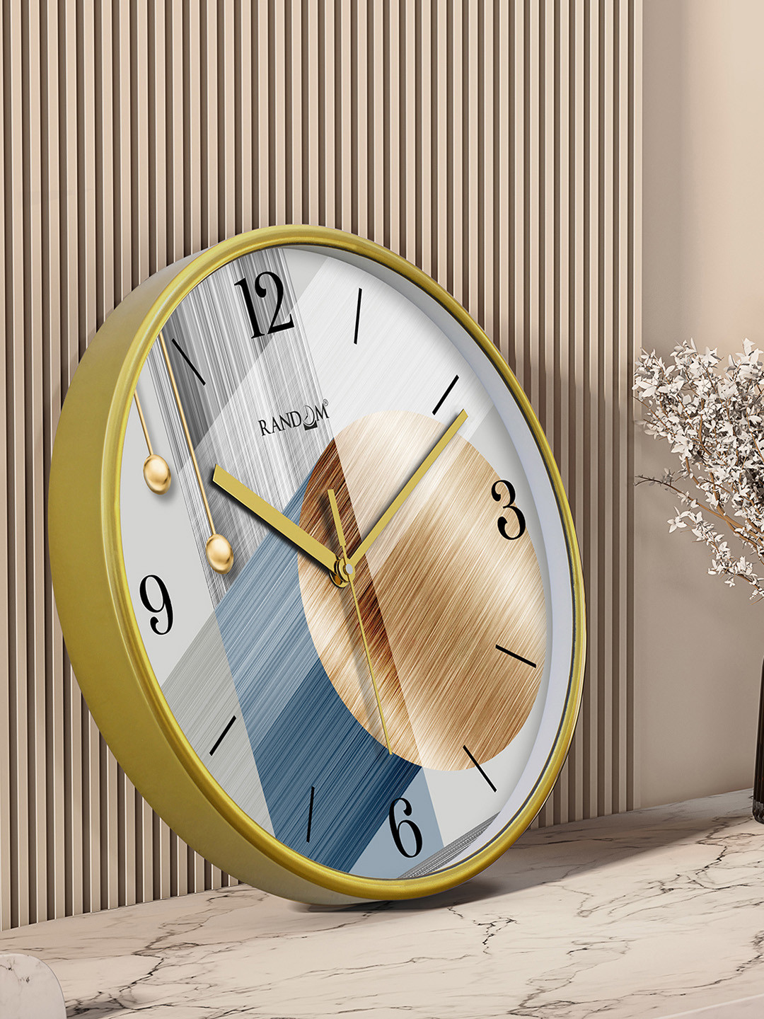 RANDOM Gold Toned & Blue Printed Contemporary Round Wall Clock