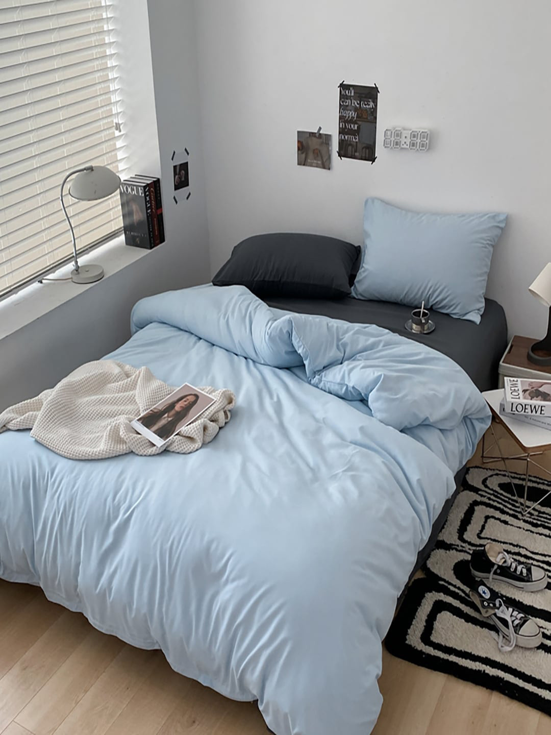 JC HOME Grey & Blue 4 Pcs AC Room Bedding Set