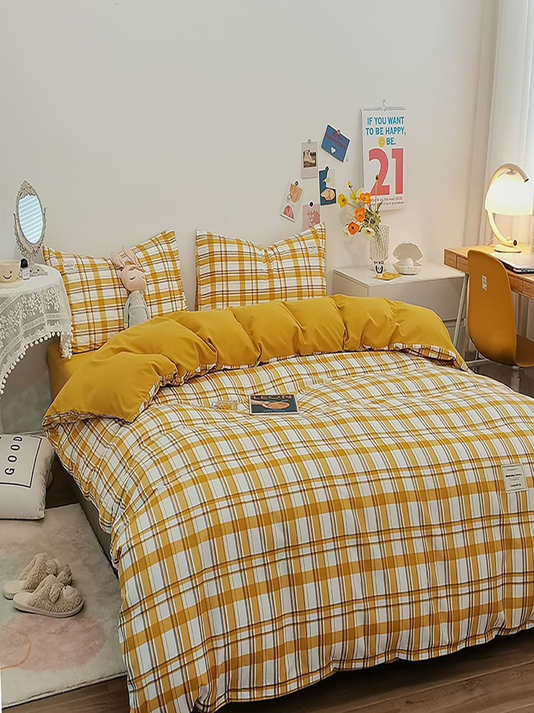 JC HOME Yellow and White Geometric Printed Bedding Set