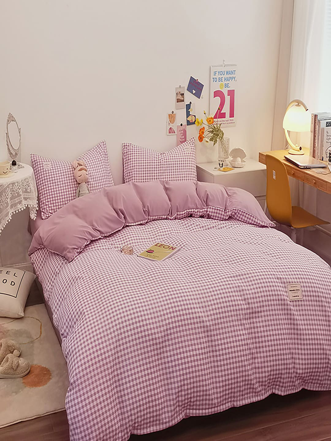 JC HOME Purple and White Checked Printed Bedding Set