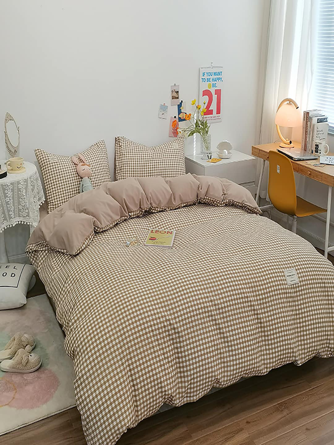 JC HOME Khaki AC Room Checked Bedding Set