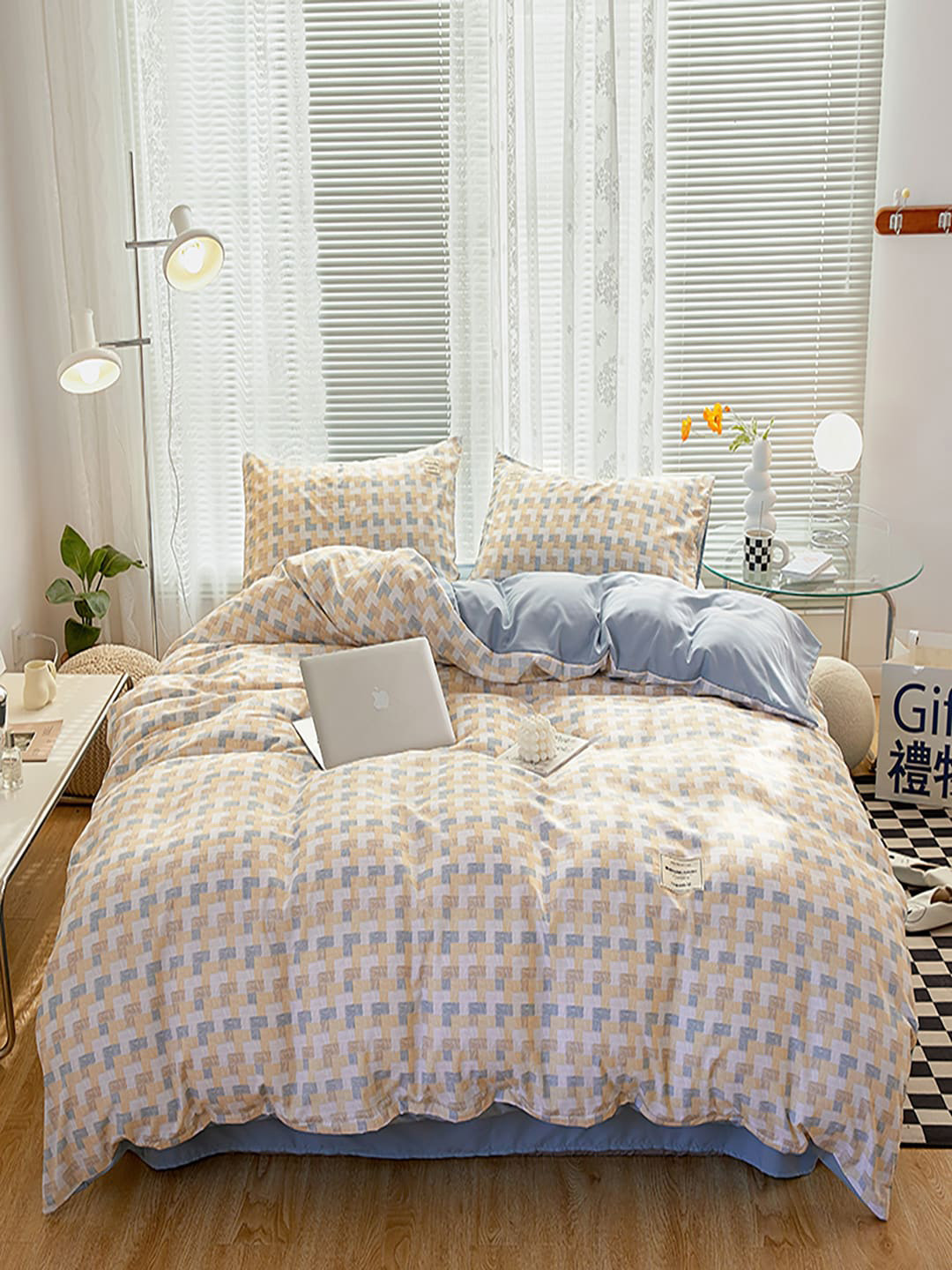 JC HOME Blue and Beige Geometric Printed Bedding Set