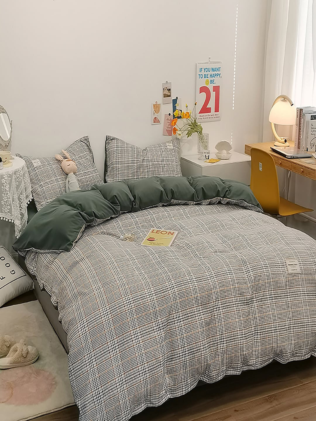 JC HOME Grey & Green Checked Bedding Set