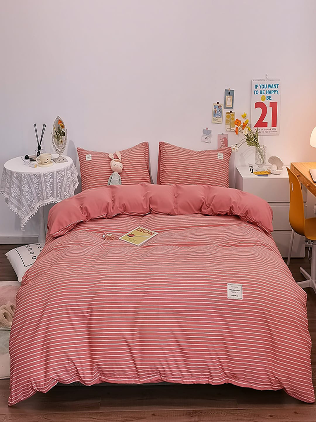 JC HOME Pink 4 Pcs Checked Bedding Set