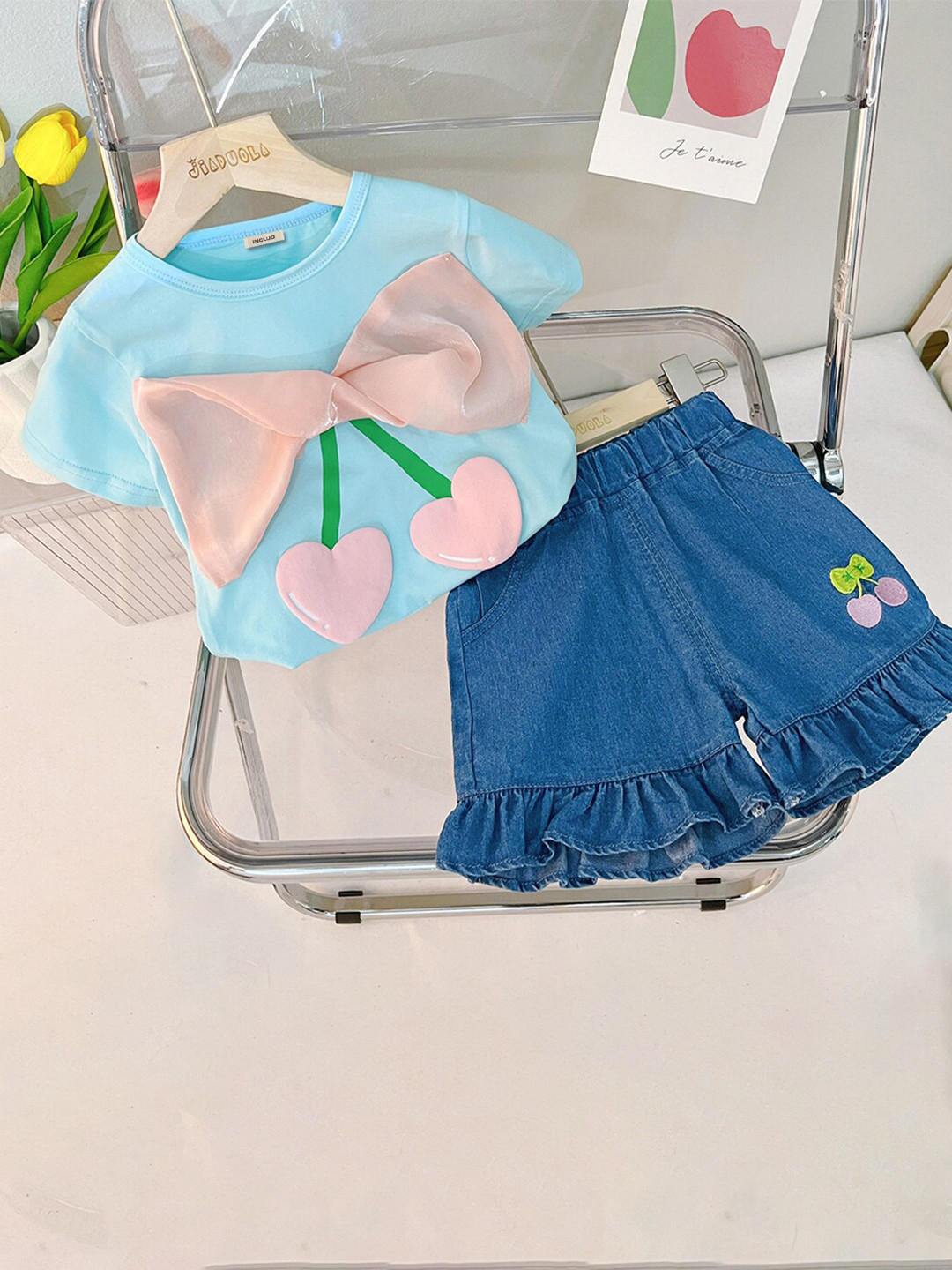 INCLUD Girls Self Design Bow & Applique Top with Shorts