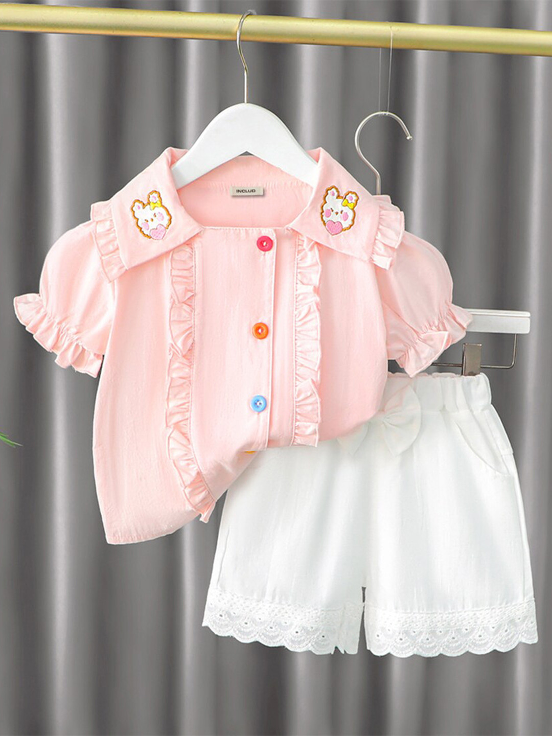 INCLUD Girls Embroidered Shirt Collar Ruffled Top with Lace Detail Shorts