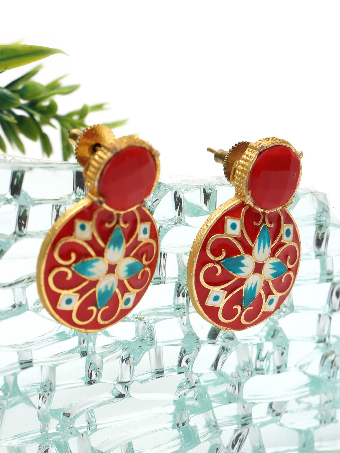 Ozanoo Gold-Plated Artificial Stones Studded Floral Drop Earrings