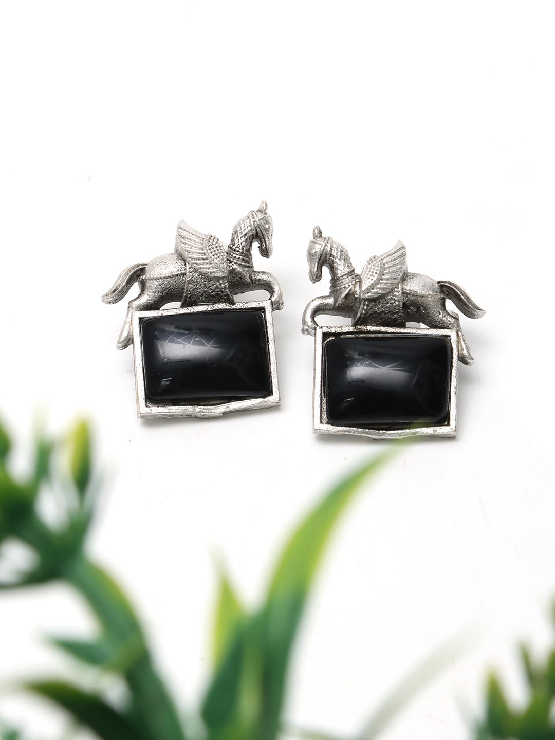 Ozanoo Silver-Plated Oxidised Horse Studs Earrings