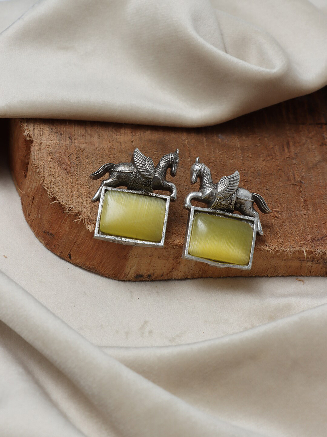 Ozanoo Silver-Plated Oxidised Horse Studs Earrings