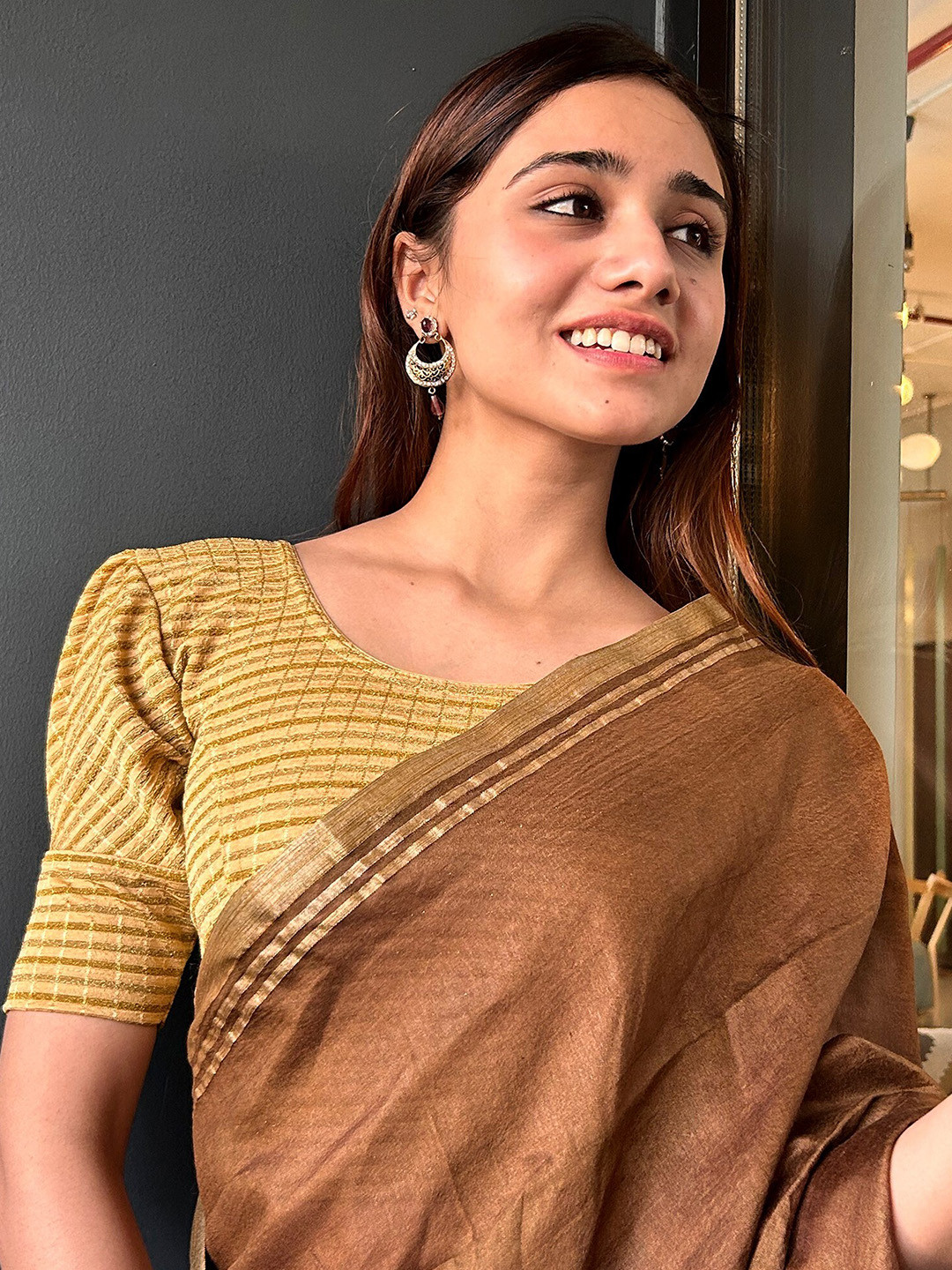 Bindigasm's Advi Striped Volumious Sleeves Stretchable Saree Blouse