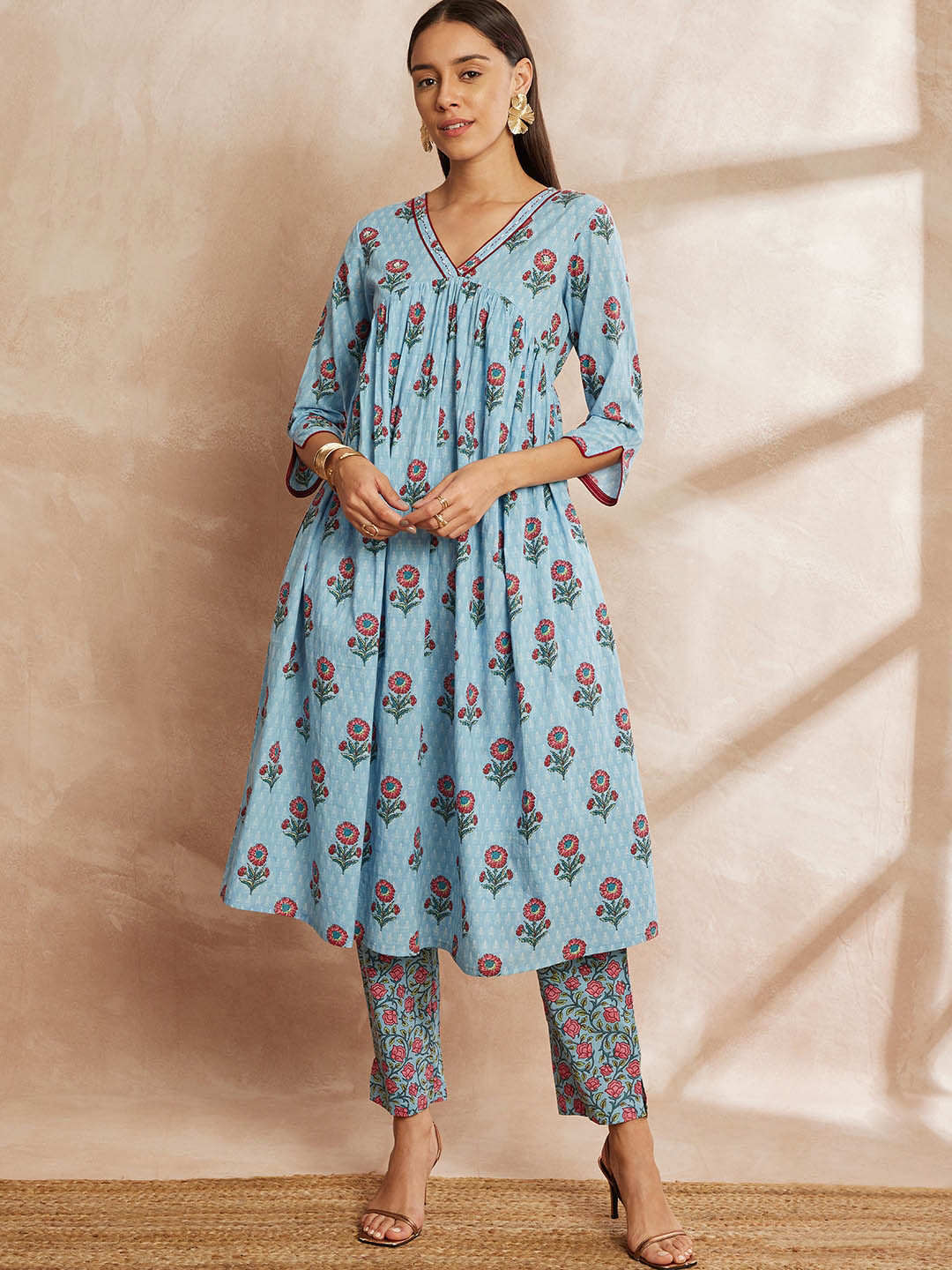 all about you Turquoise Blue Floral Yoke Design Pure Cotton Kurta with Trousers