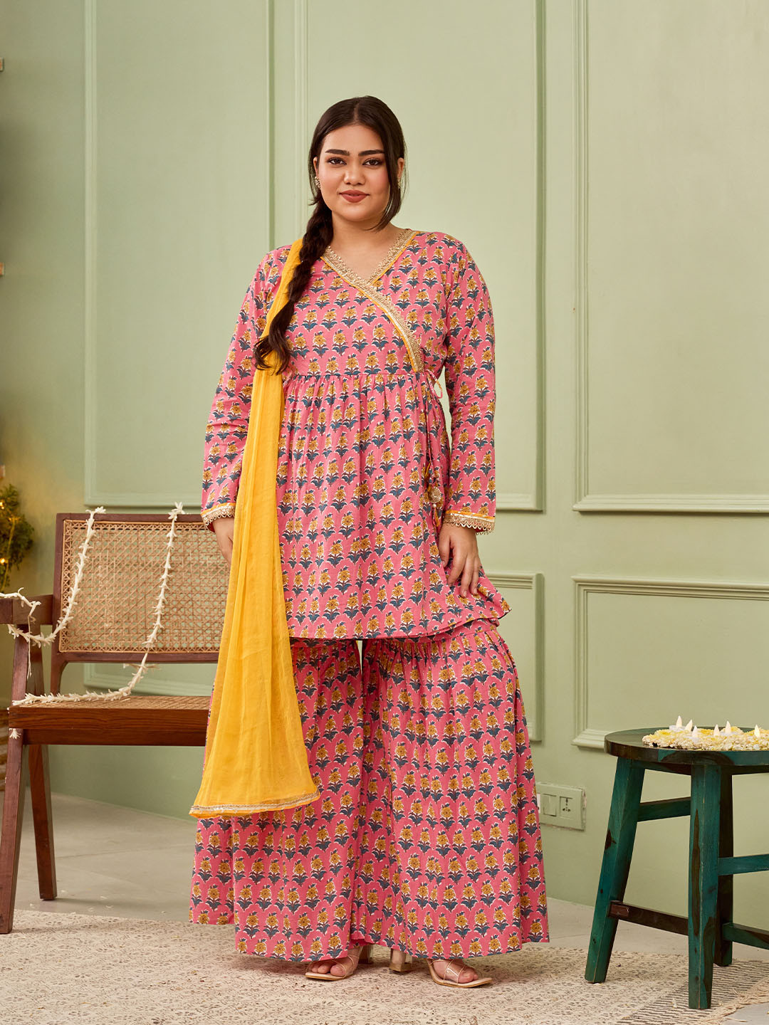 NANGALIA RUCHIRA Ethnic Motifs Printed V-Neck Angrakha Pure Cotton A-Line Kurti Set