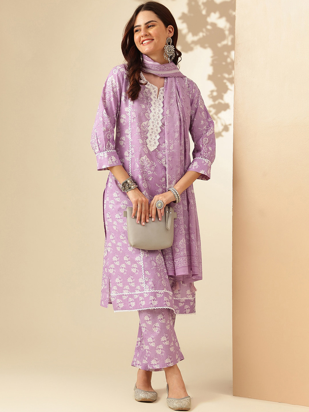 Anouk Lavender Floral Yoke Design Thread Work Pure Cotton Kurta With Patiala & Dupatta