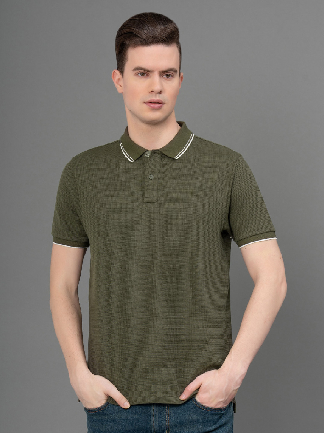 Red Tape Self Design Stretch Structured Polo T-Shirt