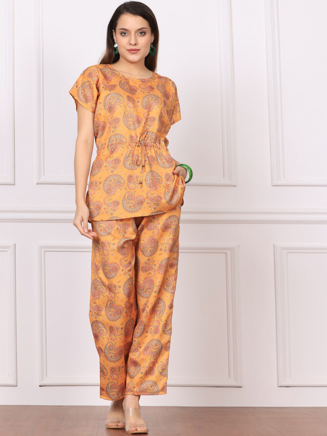 Chanting Blue Printed Round Neck Top & Flared Palazzo Co-Ords