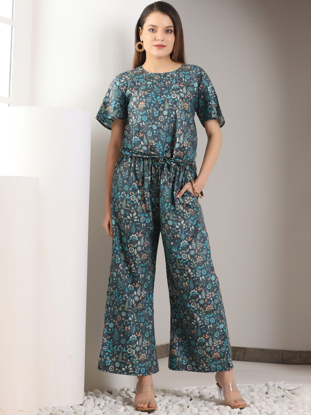Chanting Blue Printed Boat Neck Top with Trousers