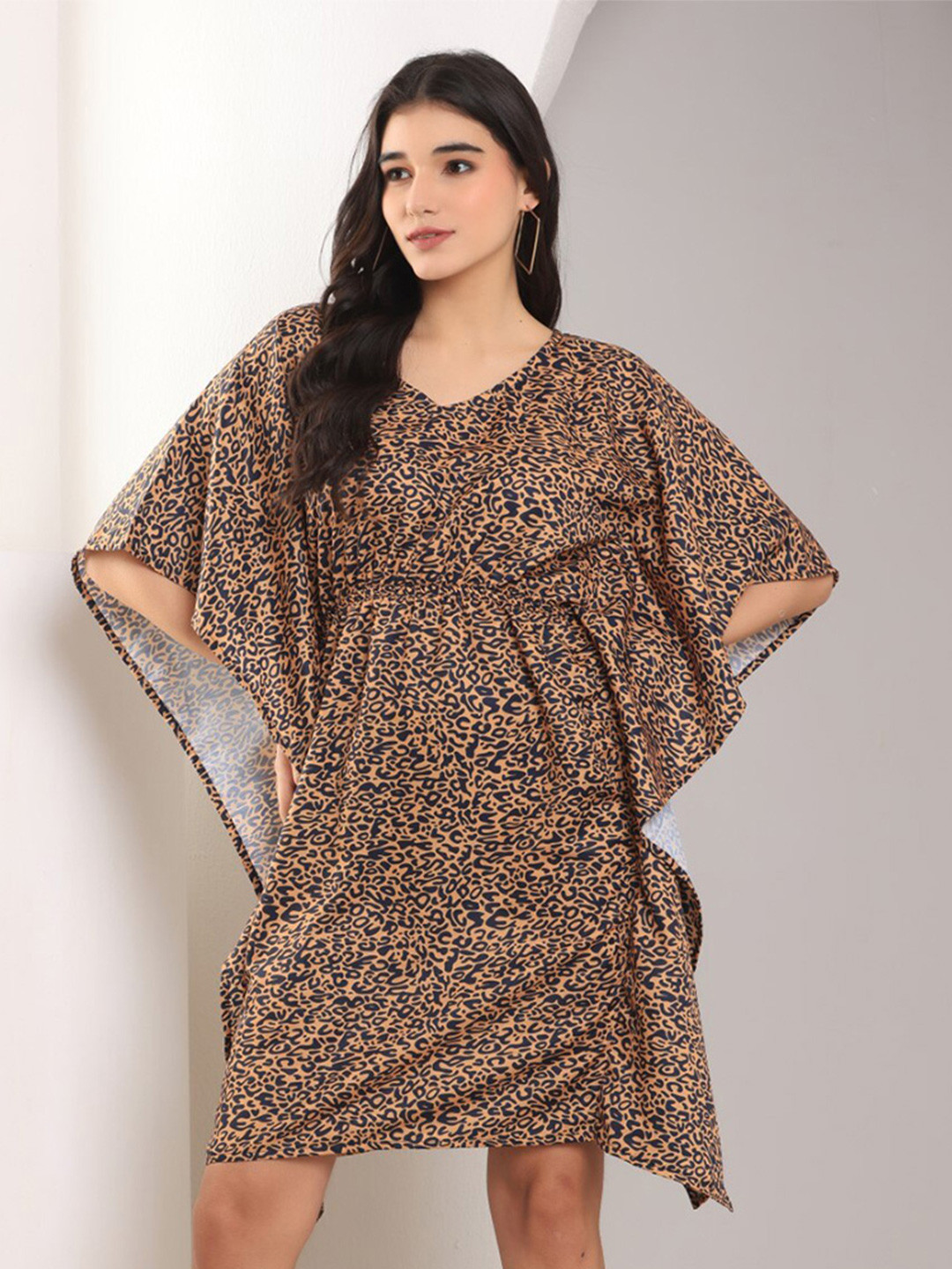 Chanting Blue Animal Printed Kimono Sleeve Gathered Kaftan Dress