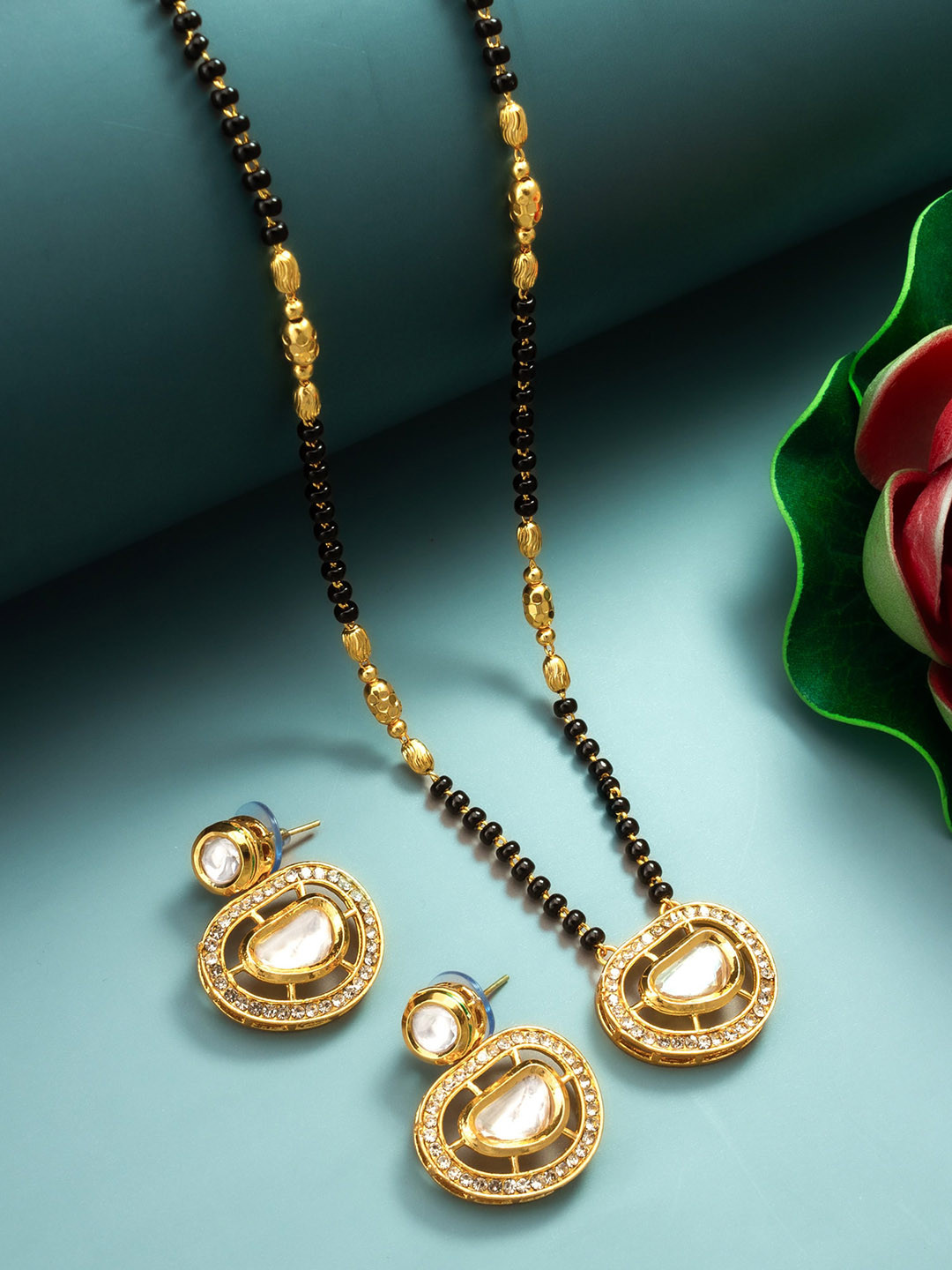 aadita Gold-Plated Kundan Stone Studded and Beaded Mangalsutra