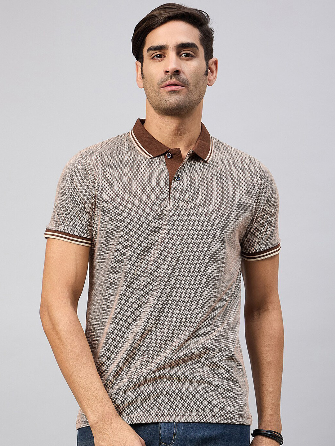 Austin wood Geometric Printed Polo Collar Short Sleeves Cotton Regular T-shirt