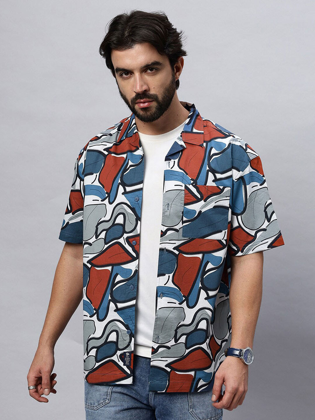 The Roadster Lifestyle Co Blue & Red Printed Pure Cotton Cuban Collar Cotton Shirt