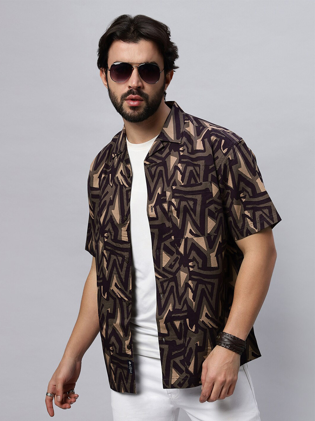 The Roadster Lifestyle Co Brown Printed Pure Cotton Cuban Collar Cotton Shirt