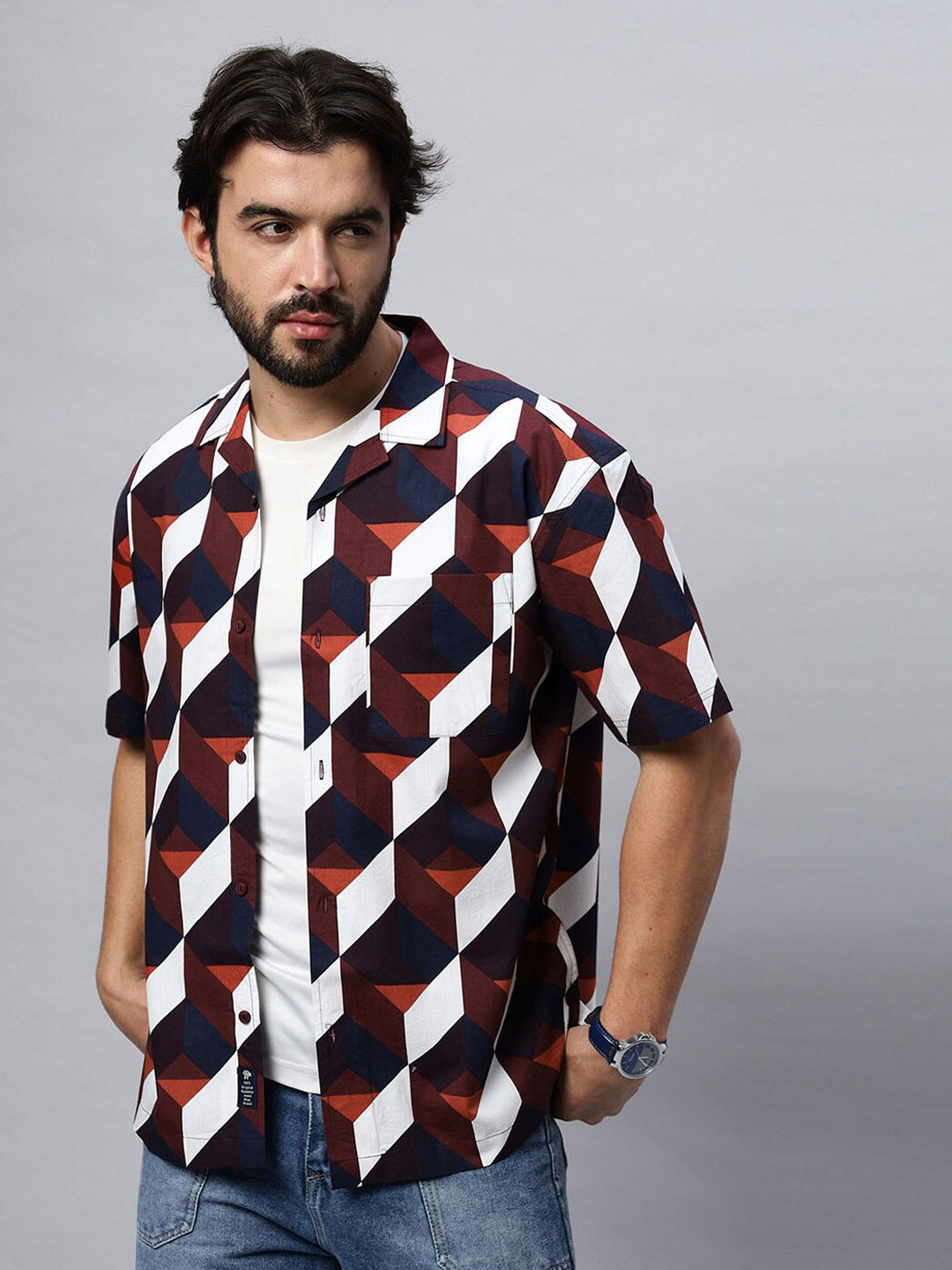 The Roadster Lifestyle Co White & Brown Cuban Collar Printed Pure Cotton Shirt