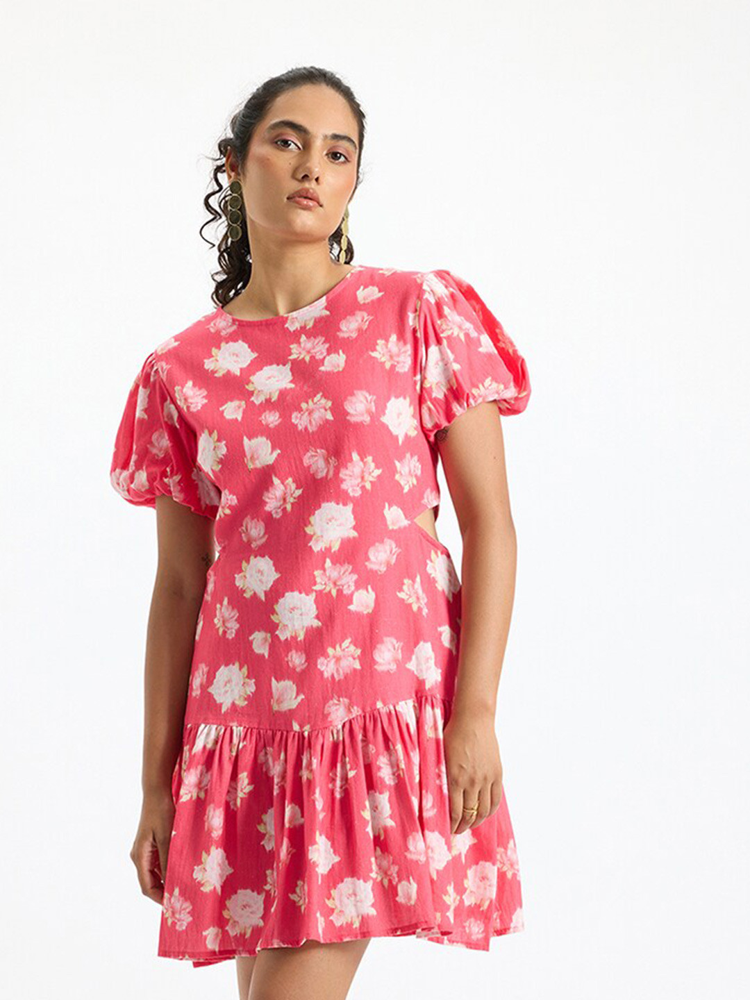 Virgio Linen Coral Cutout Fit And Flare Dress