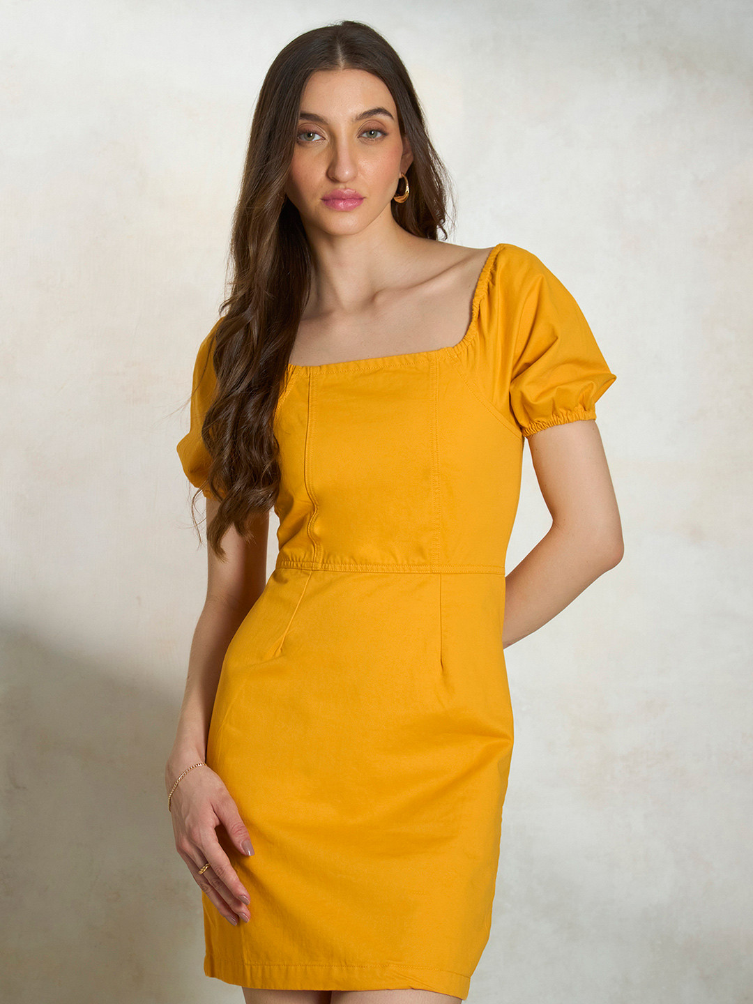 Virgio Pure Cotton Yellow Puff Sleeve Mini Dress