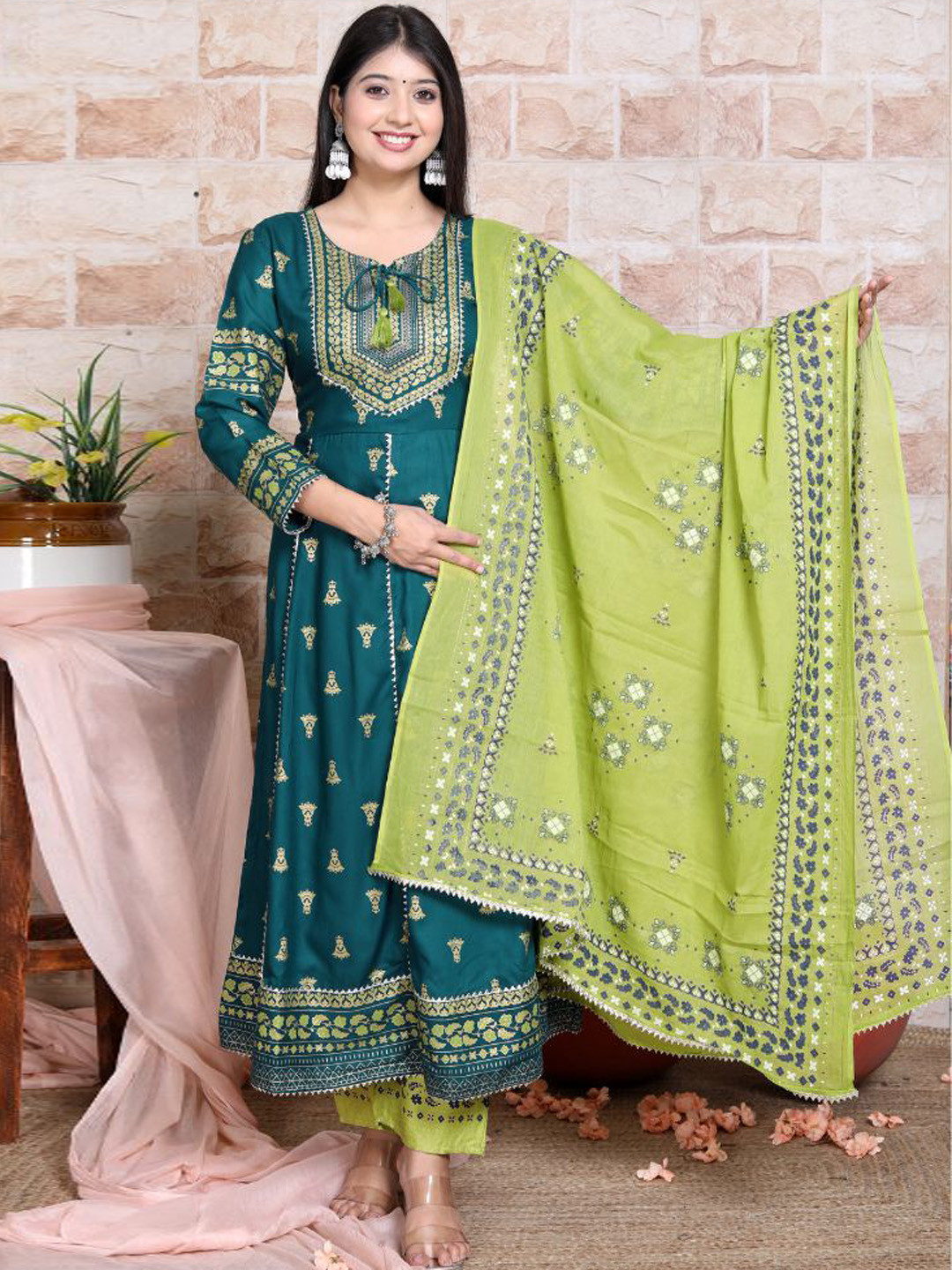 gvs shoppe Ethnic Motifs Printed Empire Gotta Patti Kurta With Palazzos & Dupatta
