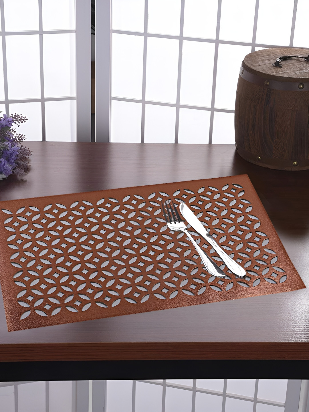 TANLOOMS Brown 6-Pcs Geometric Printed Leather Table Placemats