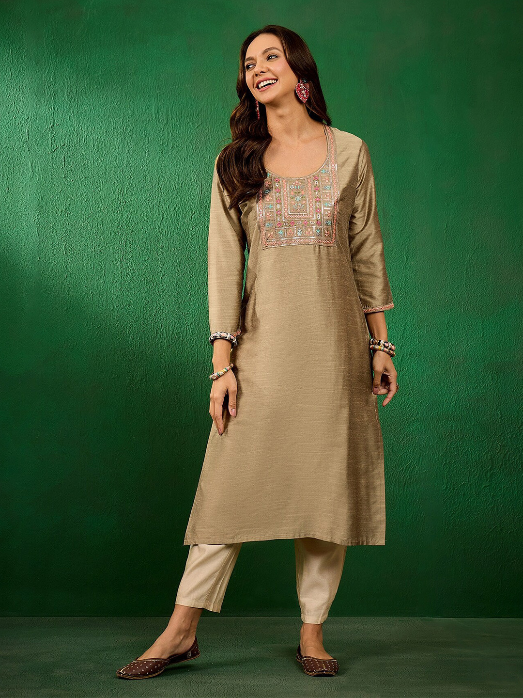Sangria Sequin Embroidered Yoke Design Straight Kurta