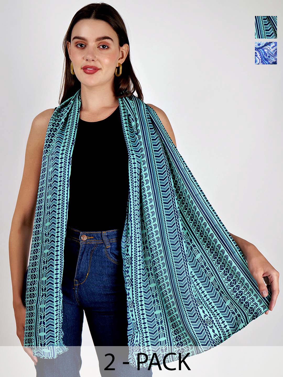 Anouk Women Green & Blue Pack Of 2 Printed Scarves