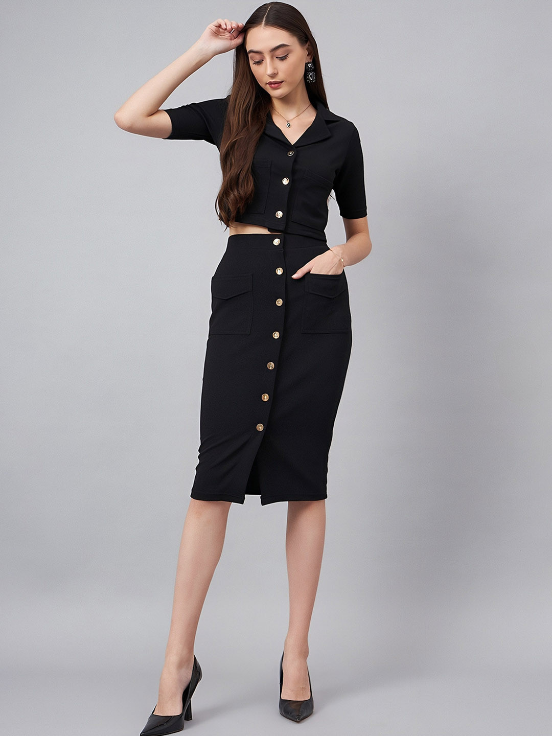 SIDYAL V-Neck Cropped Blazer & Button Skirt Co-Ords
