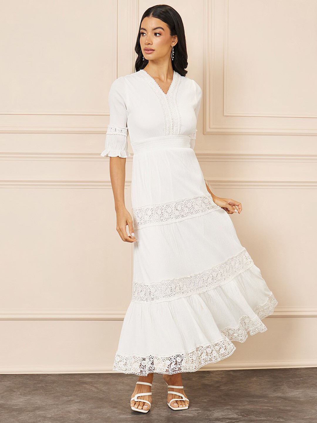 Styli Lace Detail Tiered Maxi Dress