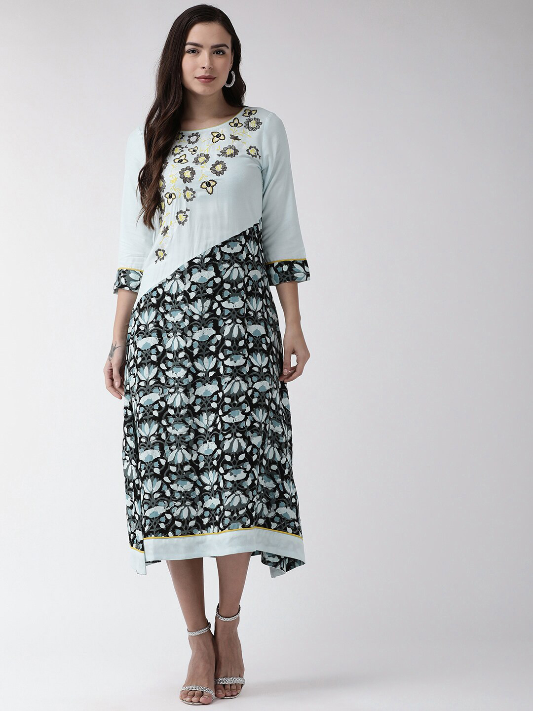 all about you Blue & Black Printed A-Line Midi Dress