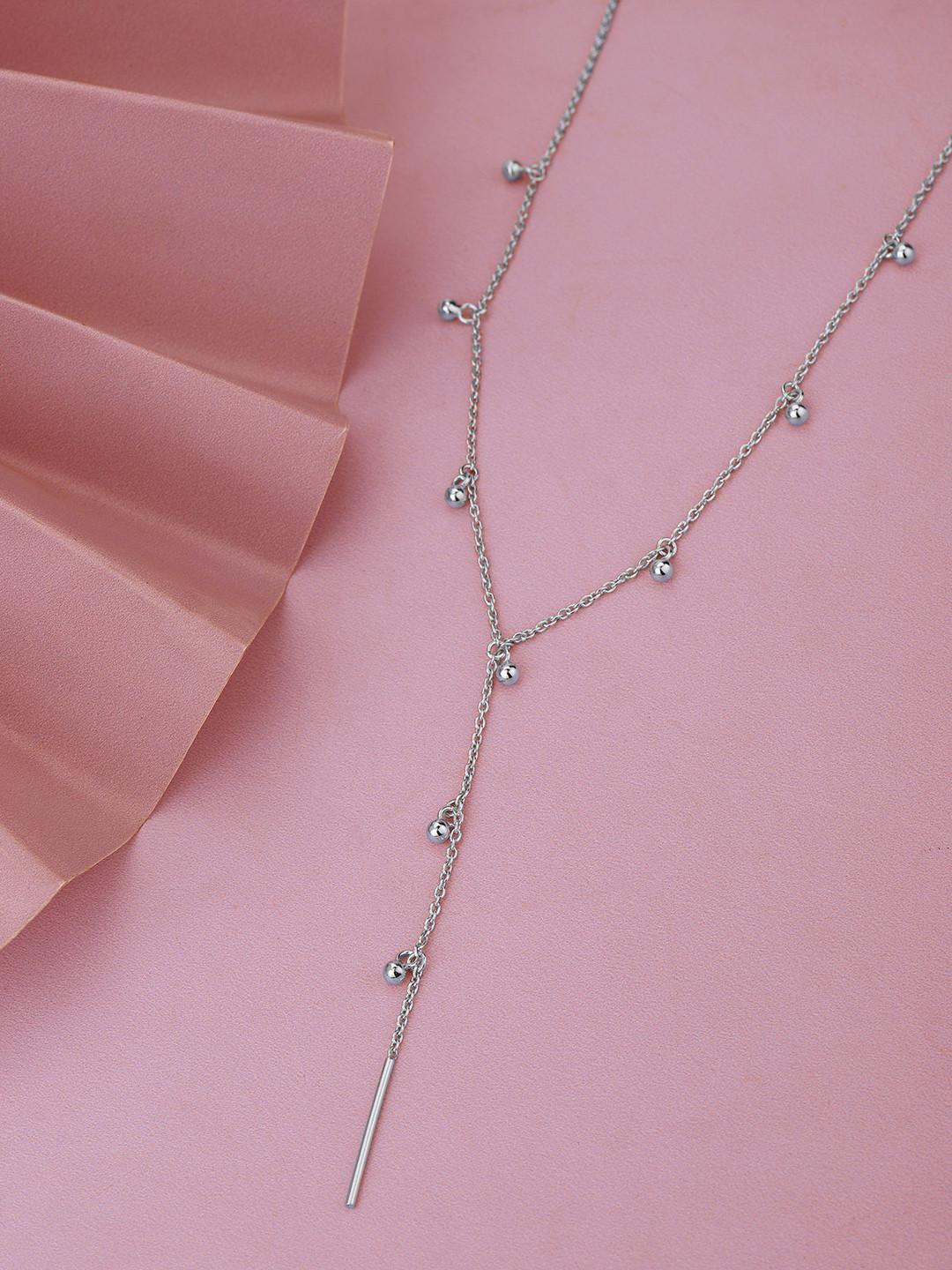 VANBELLE Women 925 Sterling Silver Rhodium Plated with Dangling Bar & Bead Lariat Necklace