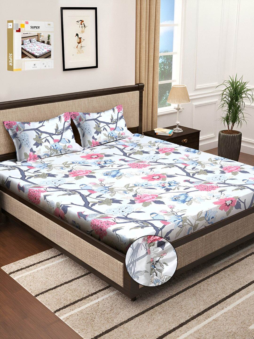 KLOTTHE White Floral Polycotton 300 TC Fitted King Bedsheet with 2 Pillow Covers-98 x 89 inches
