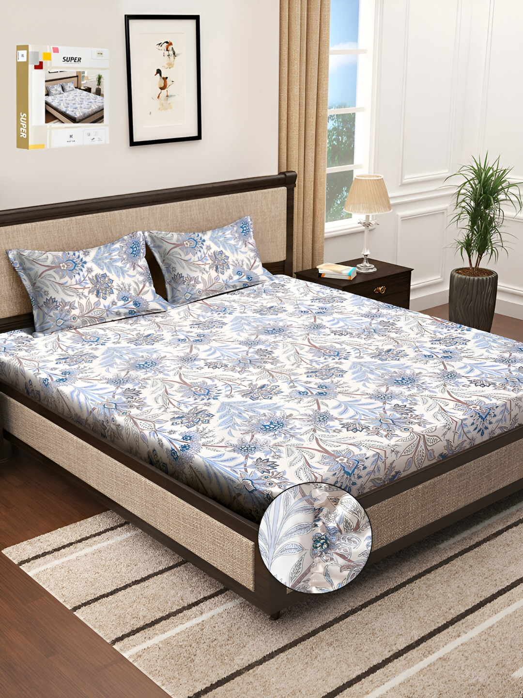 KLOTTHE White Floral Cotton 300 TC Fitted King Bedsheet with 2 Pillow Covers-98 x 89 inches