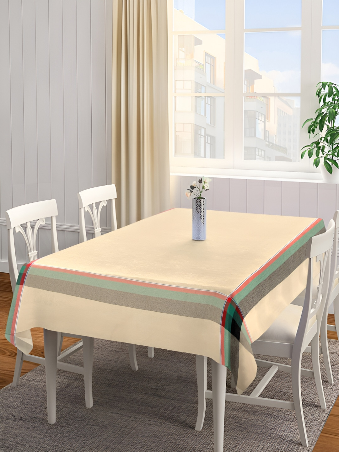 KLOTTHE Beige & Green Woven Design Rectangular Shape Cotton 6-Seater Table Cover