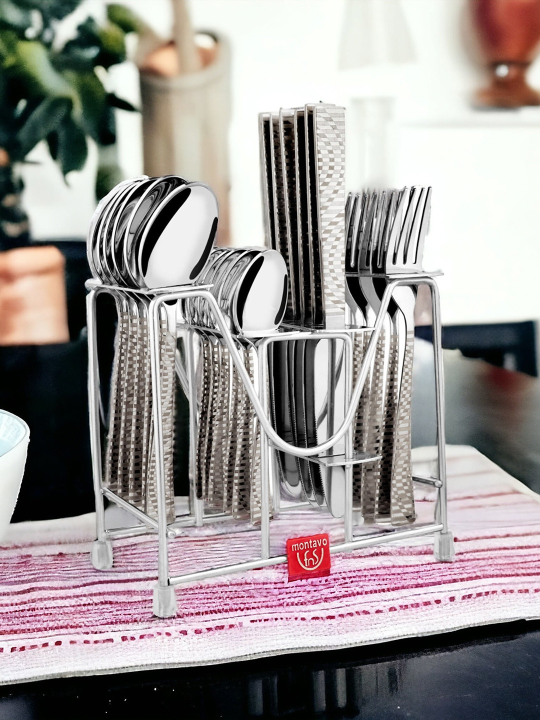 FNS Lexia Silver Toned 24 Pieces Rust Proof Cutlery Set With Stand